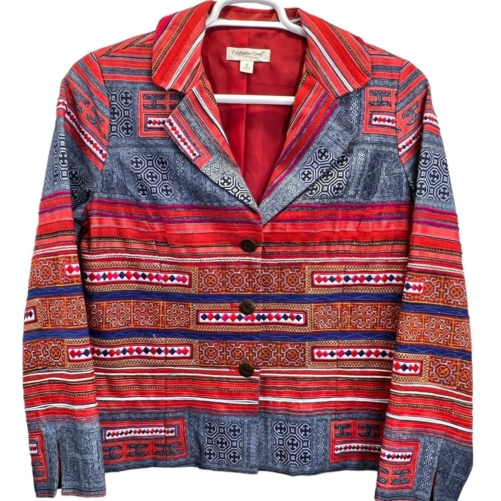 Coldwater Creek Blazer Jacket Button Up Southwestern Tribal Print Red Size 12
